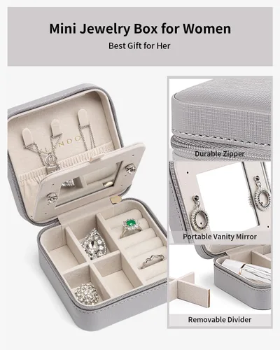 Vista 2 de Vlando Pequeño organizador de joyas de viaje, vitrina para niñas, mujeres, regalo anillos, aretes, collares, almacenamiento con espejo gris
