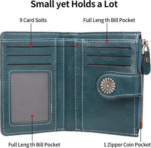 Vista 2 de Billetera pequeña para mujeres bifold portador de tarjetas de crédito con bloqueo RFID con bolsillo con cremallera, A01 verde , Compacto