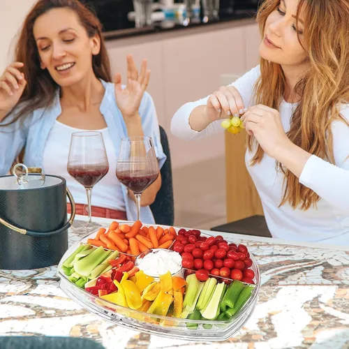 Vista 8 de Bandeja de servir enfriada con hielo extragrande con tapa, plato de frutas transparente con 4 compartimentos, plato de cóctel de camarones, cuenco