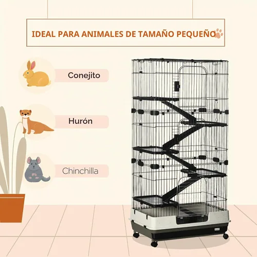 Vista 5 de Jaula para animales pequeños de 6 niveles PawHut con ruedas, bandeja extraíble, plataforma y rampa para conejos, chinchillas, hurones, color negro