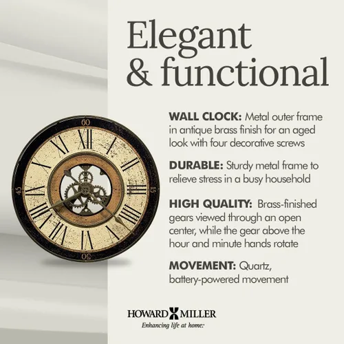 Vista 5 de Howard Miller Brass Works - Reloj de pared con acabado de latón antiguo, movimiento de cuarzo, números romanos, engranaje móvil, funciona