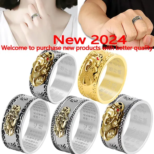 Vista 6 de Anillo ajustable de plata 990 Feng Shui PiXiu Mani Mantra Protección Wealth Ring