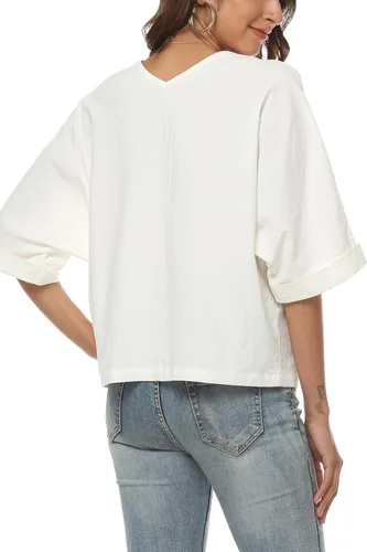 Vista 2 de LNX Camisas de lino con botones y cuello en V para mujer, blusas casuales de verano