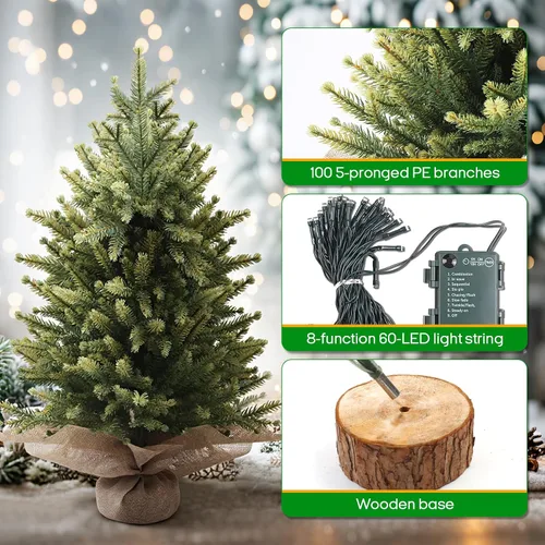 Vista 5 de Mini árbol de Navidad de mesa preiluminado de 2 pies con 60 LED Abeto nórdico artificial, 75 puntas de ramas de polietileno, funciona con pilas Luz