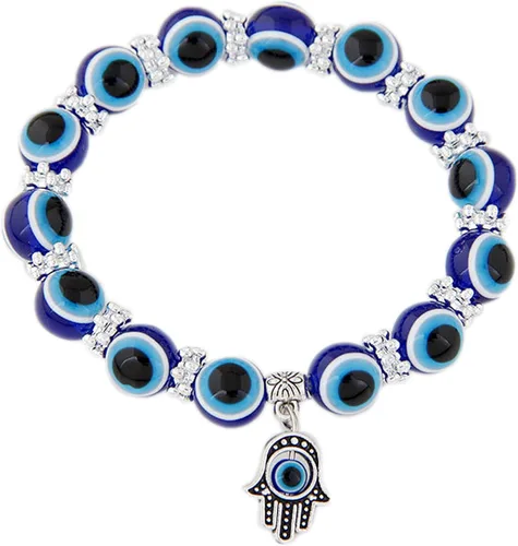 Vista 2 de Juego de pulseras elásticas de cuentas de cristal turco contra el mal de ojo, amuleto de protección de hebras de cristal, amuleto de Fátima Hamsa