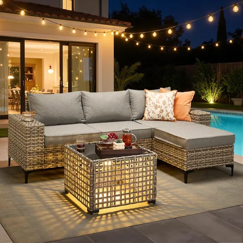 Vista 22 de HOOOWOOO Juego de muebles de patio de 5 piezas, sofá modular en forma de L para exteriores con mesa solar, mimbre PE para todo tipo de clima, sofá