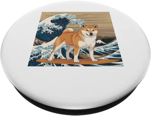 Vista 2 de Shiba Inu Japanese Kanagawa Wave Surfing Dog Lover PopSockets Adhesive PopGrip