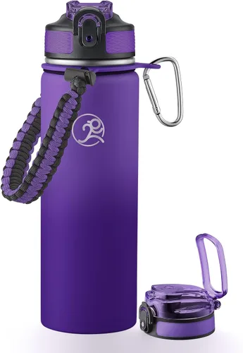 Vista 8 de GOSWAG - Botella de agua de viaje de acero inoxidable aislada de 24 onzas, 2 tapas with straw and no straw, Paracord handle, Double-wall vacuum
