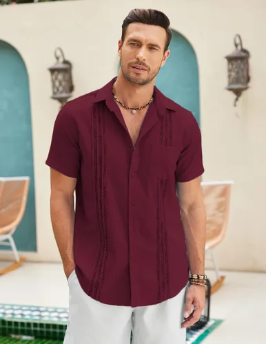 Vista 2 de COOFANDY Camisa guayabera cubana de algodón y lino para hombre, casual, manga corta, con botones, para verano y playa