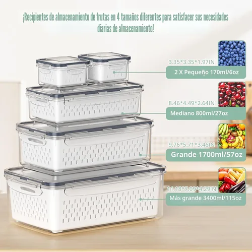 Vista 2 de 5 recipientes de almacenamiento de frutas para refrigerador con colador extraíble y tapa con asa, organizadores y almacenamiento de refrigerador