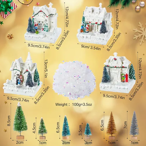 Vista 2 de Tuanse Juego de 15 piezas de accesorios de pueblo de Navidad, 4 casas de pueblo iluminadas con LED, 10 árboles esmerilados de 3.5 onzas, nieve falsa