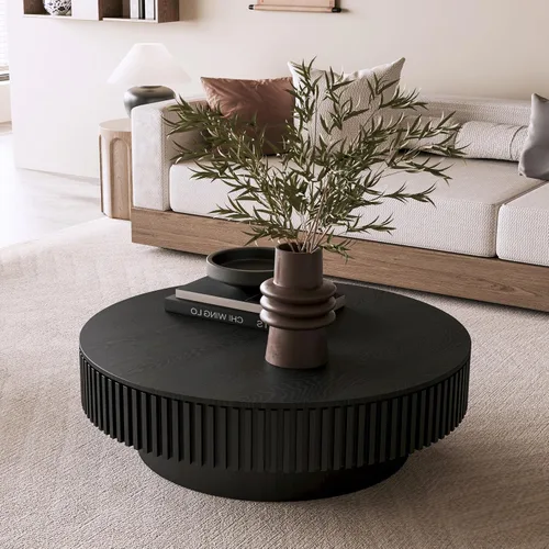 Vista 4 de Mesa de centro redonda de 39.4 pulgadas con almacenamiento oculto, mesa de centro de tambor de madera maciza con diseño artesanal Releifs, moderna