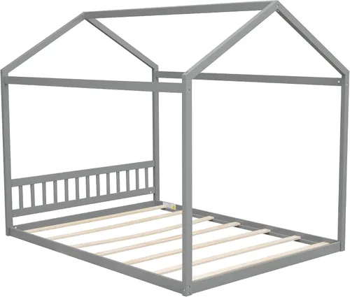 Vista 6 de Harper & Bright Designs Marco de cama de casa tamaño Queen, marco de cama Montessori de madera con cabecero, cama de piso para niños para niñas Gris