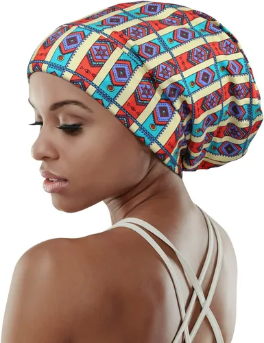 Vista 13 de Gorro de dormir ajustable con forro de satén para rastas de cabello rizado, cabeza grande, permanece puesta durante la noche