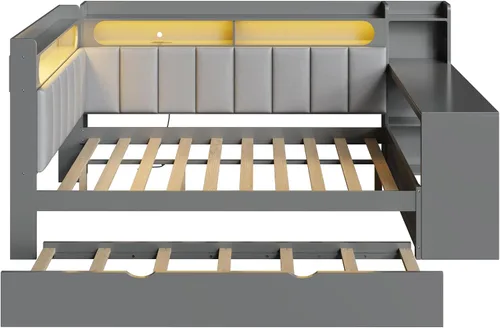 Vista 6 de SOFTSEA Sofá cama esquinera de tamaño completo con escritorio, nido y Gris Beige