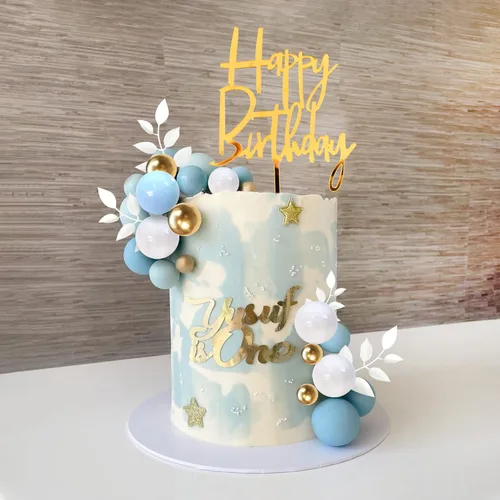 Vista 6 de Decoración de bolas azules para tarta, decoración bohemia de hierba para tarta, bolas de perlas azules, blancas y doradas, decoración de pastel