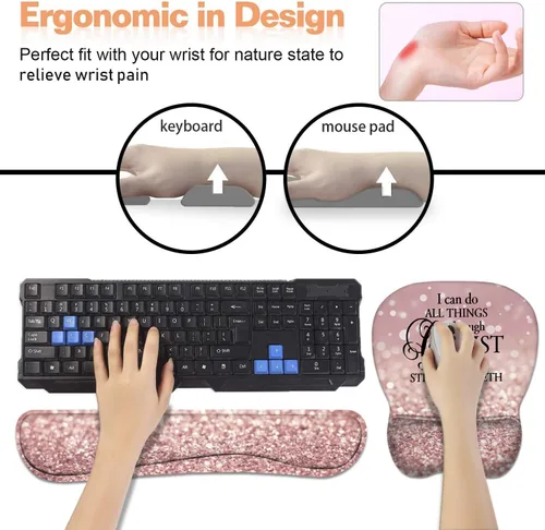 Vista 4 de Juego de almohadilla ergonómica para mouse con soporte de muñeca y teclado con posavasos, base de poliuretano antideslizante, fácil de escribir
