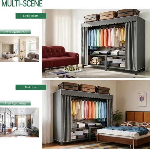 Vista 9 de Garment Rack with Cover Heavy Duty Portable Wardrobe Closet Grey 49.25in