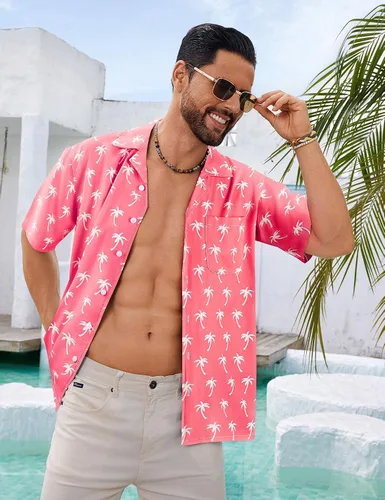 Vista 3 de BOJIN Camisas hawaianas de manga corta con botones para hombre, camisas casuales de verano, estampado floral tropical, camisas de playa Aloha