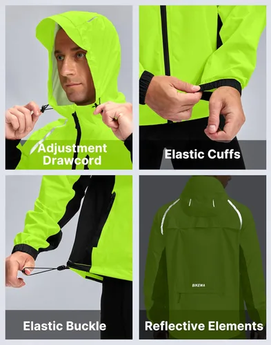 Vista 6 de Bikewa - Chaqueta de lluvia para hombre, impermeable, para ciclismo, con capucha, ligera, plegable, cortavientos para bicicleta, chaqueta de running