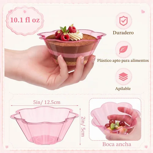 Vista 2 de Zubebe Paquete de 100 cuencos de helado con forma de flor de 10 onzas de Rojo rosa