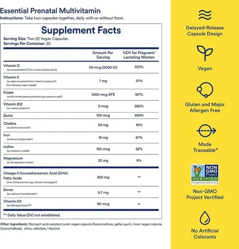 Vista 3 de Ritual Multivitamínico Prenatal Esencial para Mujeres: Folato y Colina para Soporte del Tubo Neural, Omega-3 DHA para el Desarrollo del Cerebro