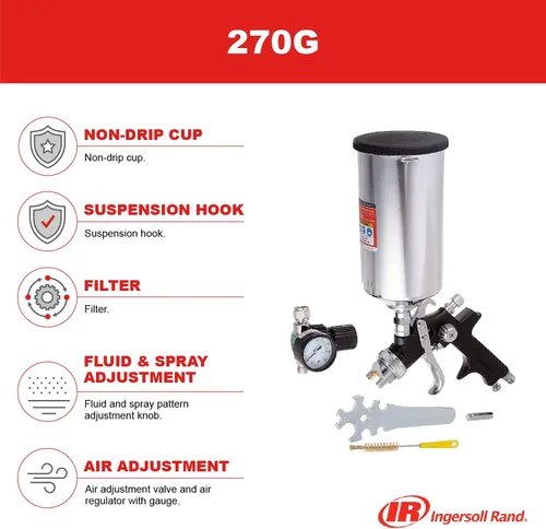 Vista 3 de Ingersoll Rand Pistola pulverizadora de alimentación por gravedad HVLP 270G, capacidad de taza de 33 onzas, 2.7 libras.