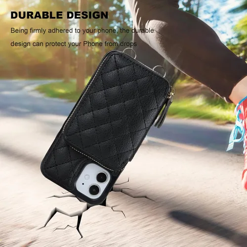 Vista 8 de Bocasal Funda tipo cartera cruzada para iPhone 12 Mini, bloqueo RFID, de piel sintética, con cremallera, funda tipo cartera con función atril