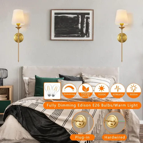 Vista 2 de Juego de 2 apliques de pared regulables enchufables, lámpara de pared dorada para mesita de noche con interruptor regulador de perilla y cable
