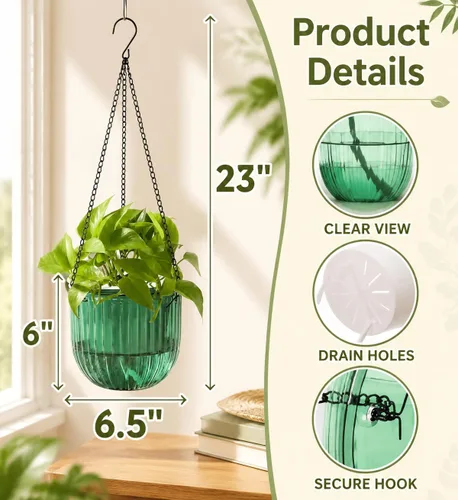 Vista 2 de Pumtus Paquete de 3 macetas colgantes para plantas de interior, maceta de riego automático de 6.5 pulgadas con orificio de drenaje, cesta colgante