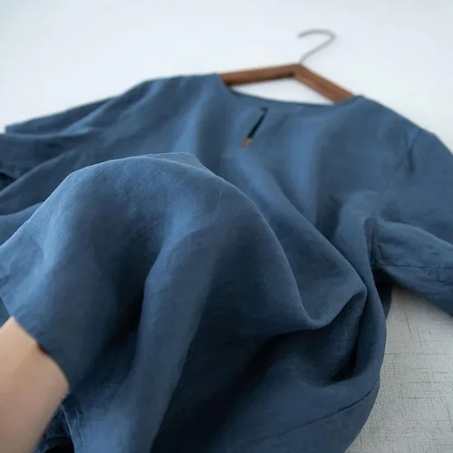 Vista 5 de Blusa de algodón y lino con cuello en V para mujer, media manga, suelta, para verano, color sólido