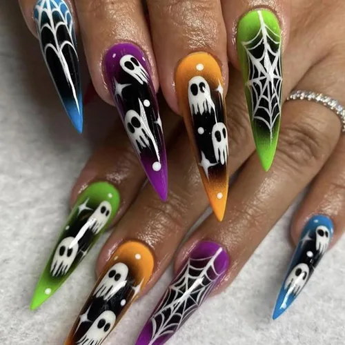 Vista 11 de Uñas postizas largas a presión estilo stiletto, uñas postizas francesas degradadas blancas, uñas postizas brillantes de cobertura completa