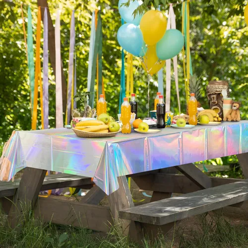 Vista 7 de Mantel holográfico iridiscente de 54 x 108 pulgadas, de plástico brillante con láser, para fiesta de cumpleaños, impermeable, para Navidad, boda