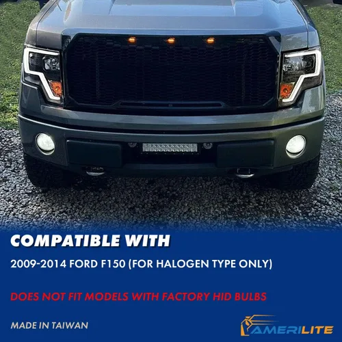 Vista 9 de AmeriLite para camioneta Ford F150 2009-2014, juego de faros delanteros LED de barra cuadrada, proyector halógeno negro, haz alto/bajo incluido