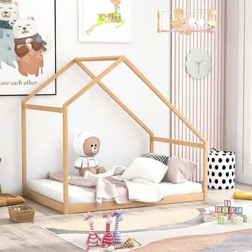 Vista 19 de Cama de madera maciza tamaño individual con techo, nido, 3 cajones de almacenamiento, sofá cama de plataforma para muebles de dormitorio, sala