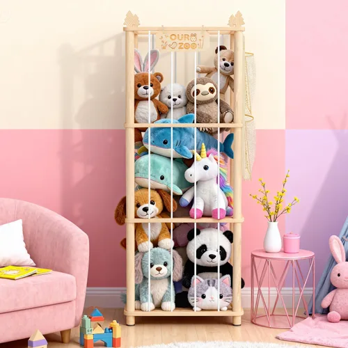 Vista 2 de Almacenamiento de animales de peluche: organizador grande de almacenamiento de juguetes de madera con 1 red de almacenamiento extraíble para colgar