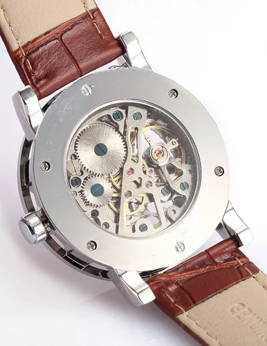 Vista 5 de Reloj de pulsera de cuero marrón mecánico con esfera blanca para hombre PMW302, Blanco