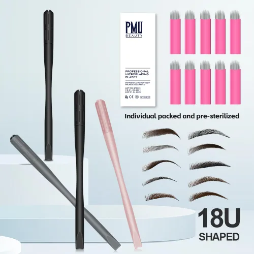 Vista 3 de 10 Uds Microblading Asas Desechables Manual Microblading Pen con Nano 18 U en forma de hoja esterilizada Microblade Holder para ceja labio