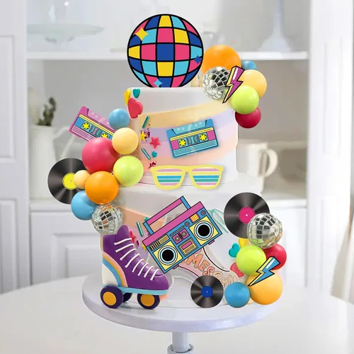 Vista 4 de 30 adornos para tartas de los años 80 y 90, decoraciones retro de hip hop, decoraciones de pasteles de bolas pastel para niños o niñas, 80 y 90