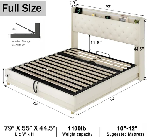 Vista 2 de Ailisite Cama de almacenamiento elevable de tamaño matrimonial, cama de plataforma tapizada con cabecera de almacenamiento con botones capitoné