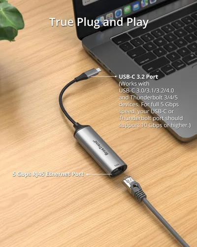 Vista 3 de BrosTrend Adaptador USB C a Ethernet de 5 Gb, adaptador de red Ethernet de aluminio a tipo C Plug & Play para Windows MacOS, etc., compatible
