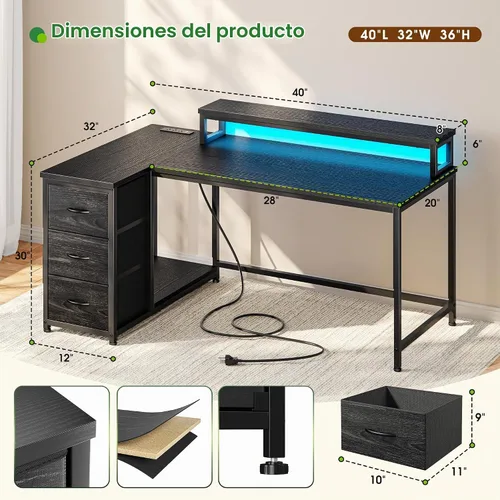 Vista 2 de EnHomee Escritorio para juegos en forma de L con luces LED y toma de corriente, escritorio de computadora de 40 pulgadas con cajones, escritorio