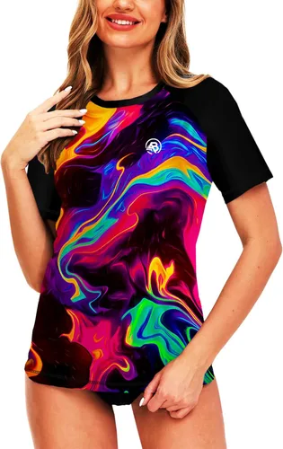 Vista 70 de AOBUTE Camisetas de natación de manga corta para mujer con protección solar degradada