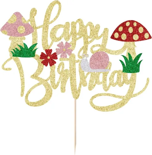 Vista 2 de Kaoenla Decoración para tartas de hongos con purpurina, hongos y flores en primavera, el tema, decoraciones de feliz cumpleaños para niñas y niños