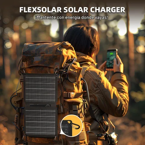 Vista 6 de FlexSolar 10W Cargadores solares portátiles 5V USB pequeños, paneles de emergencia ETFE plegables, impermeables IP67 para teléfonos, ventiladores