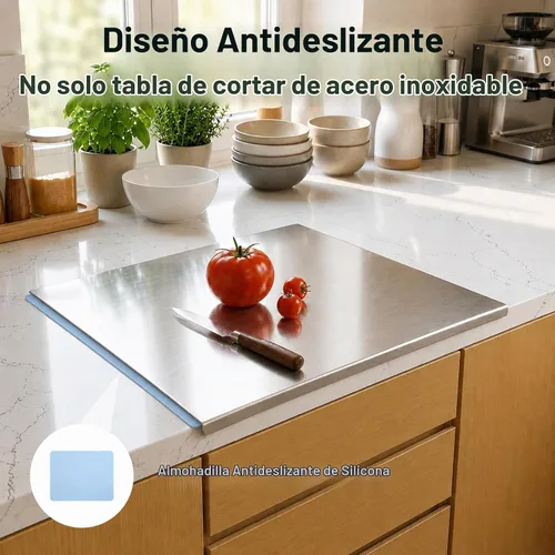 Vista 5 de Tablas de cortar grandes de acero inoxidable para cocina, tablas de cortar con alfombrilla antideslizante azul, tabla de cortar con borde