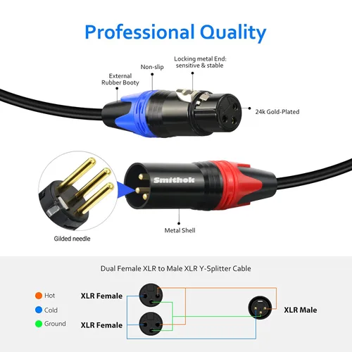 Vista 4 de Smithok Cable de micrófono divisor XLR Y de 1 macho a 2 hembras, 3 pines XLR 2 hembra a 1 macho, cable combinador Y cable de audio equilibrado