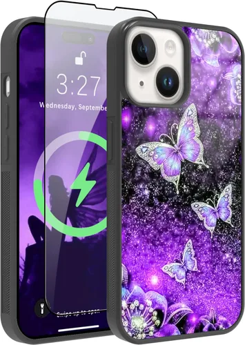 Vista 15 de OOK Diseños para iPhone 14 Pro Max Funda con Purpurina Mariposa Púrpura Diseño de Nebulosa Espacial PC Duro + TPU Suave Parachoques Antideslizante