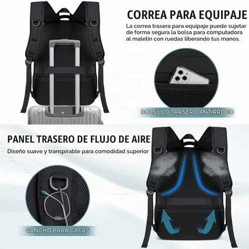 Vista 5 de Mochila de viaje para laptop de 17 pulgadas, extra grande, con orificio de carga USB, 45L, antirrobo, resistente al agua, bolsa para computadora