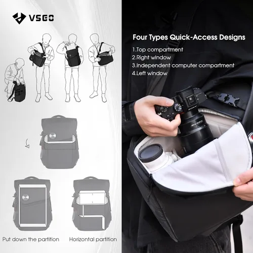 Vista 6 de VSGO Mochila negra para cámara Snipe de 16 litros, ligera, 2.4 lbs, bolsa de fotografía profesional DSLR/SLR para Sony, Canon, cámaras Nikon
